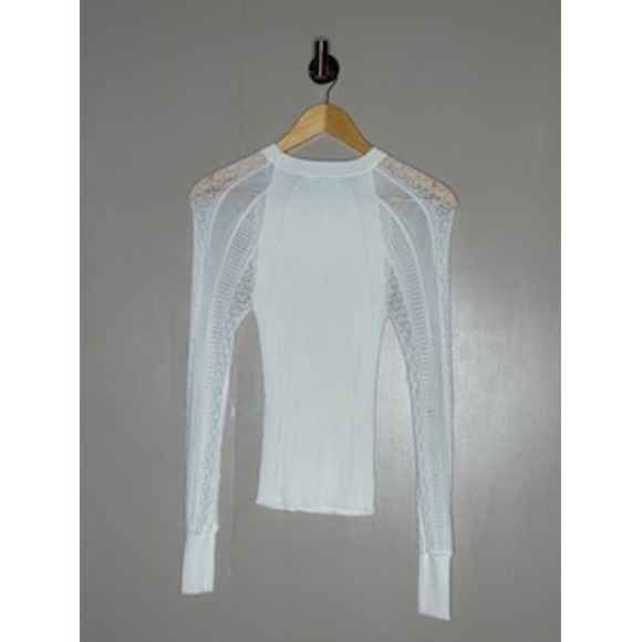 White House Black Market White Ribbed Mixed Lace Mesh Long Sleeve Top XS - Picture 4 of 4